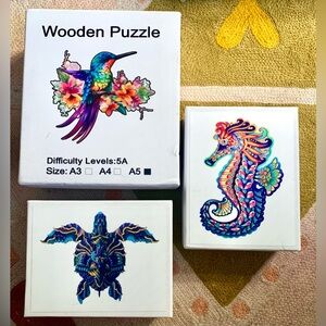 Wooden Jigsaw Puzzle, Lot of 3, Hummingbird, Turtle Seahorse